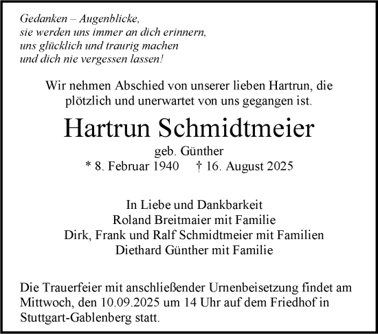 Todesanzeige von Hartrun Schmidtmeier von Trauer.de