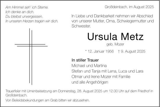Todesanzeige von Ursula Metz von trauer.de