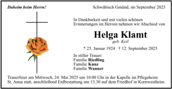 Todesanzeige von Helga Klamt 
