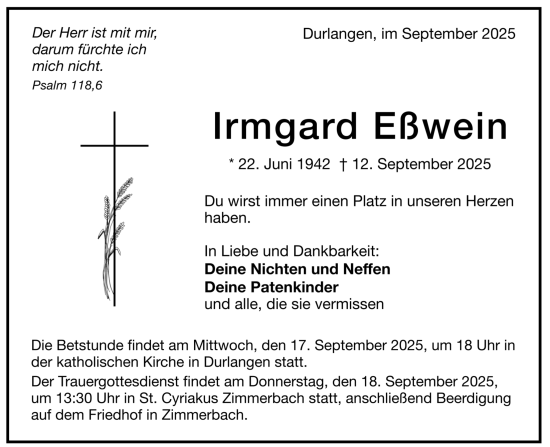 Todesanzeige von Irmgard Eßwein von trauer.de
