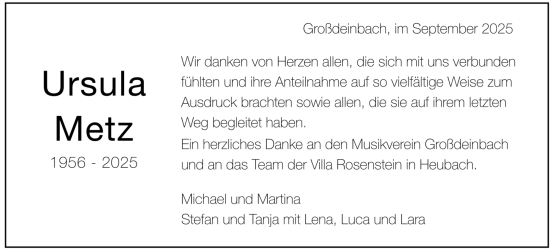 Todesanzeige von Ursula Metz von trauer.de