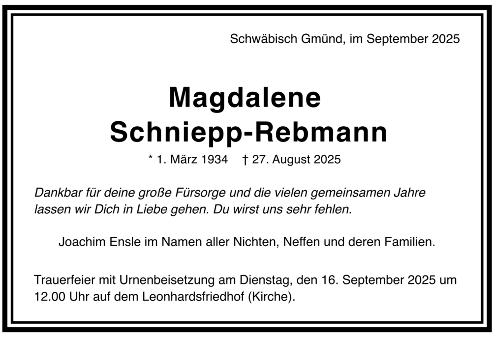  Traueranzeige für Magdalene Schniepp-Rebmann vom 11.09.2025 aus 