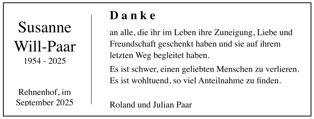  Traueranzeige für Susanne Will-Paar vom 08.09.2025 aus trauer.de
