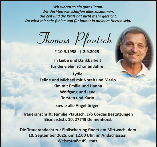 Todesanzeige von Thomas Pfautsch von trauer.de