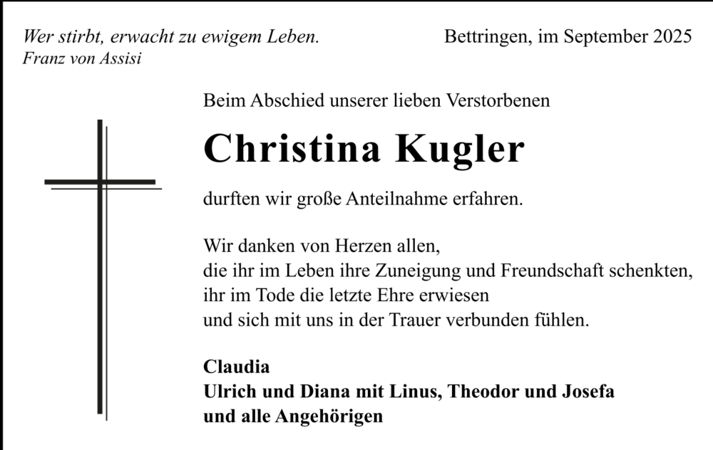  Traueranzeige für Christina Kugler vom 05.09.2025 aus trauer.de