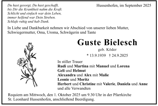 Todesanzeige von Guste Bielesch von trauer.de