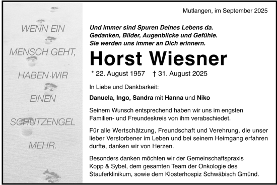 Todesanzeige von Horst Wiesner von trauer.de