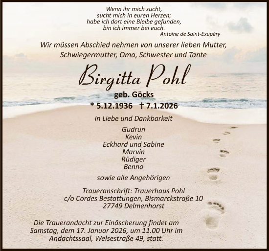 Todesanzeige von Brigitta Pohl von trauer.de