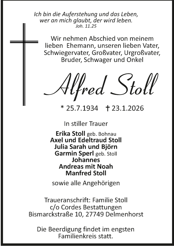 Traueranzeige für Alfred Stoll vom 31.01.2026 aus Trauer.de