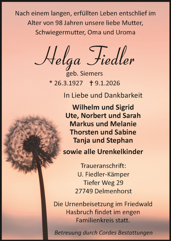 Todesanzeige von Helga Fiedler von Trauer.de