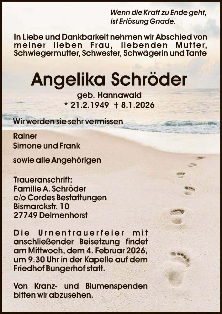  Traueranzeige für Angelika Schröder vom 17.01.2026 aus Trauer.de