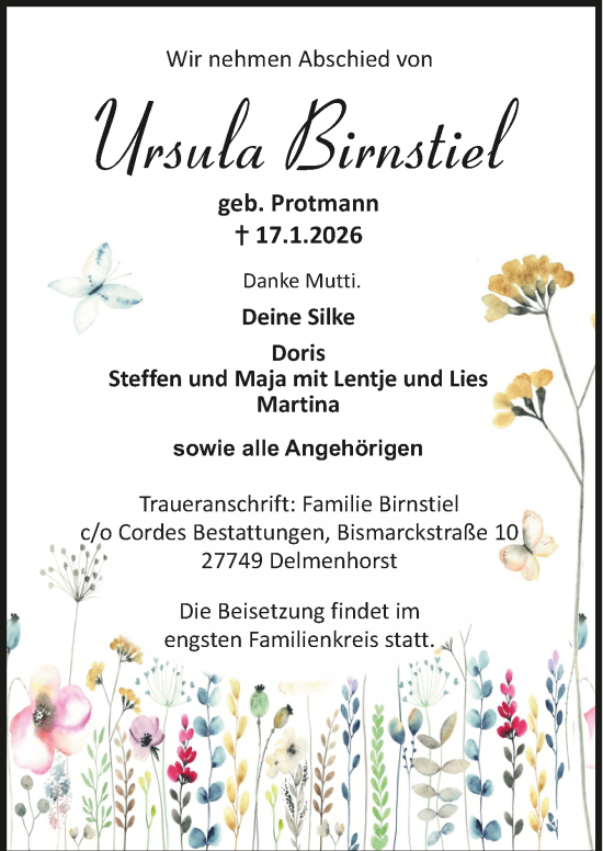 Todesanzeige von Ursula Birnstiel von Trauer.de