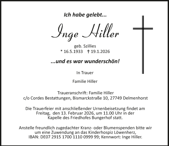 Todesanzeige von Inge Hiller von Trauer.de