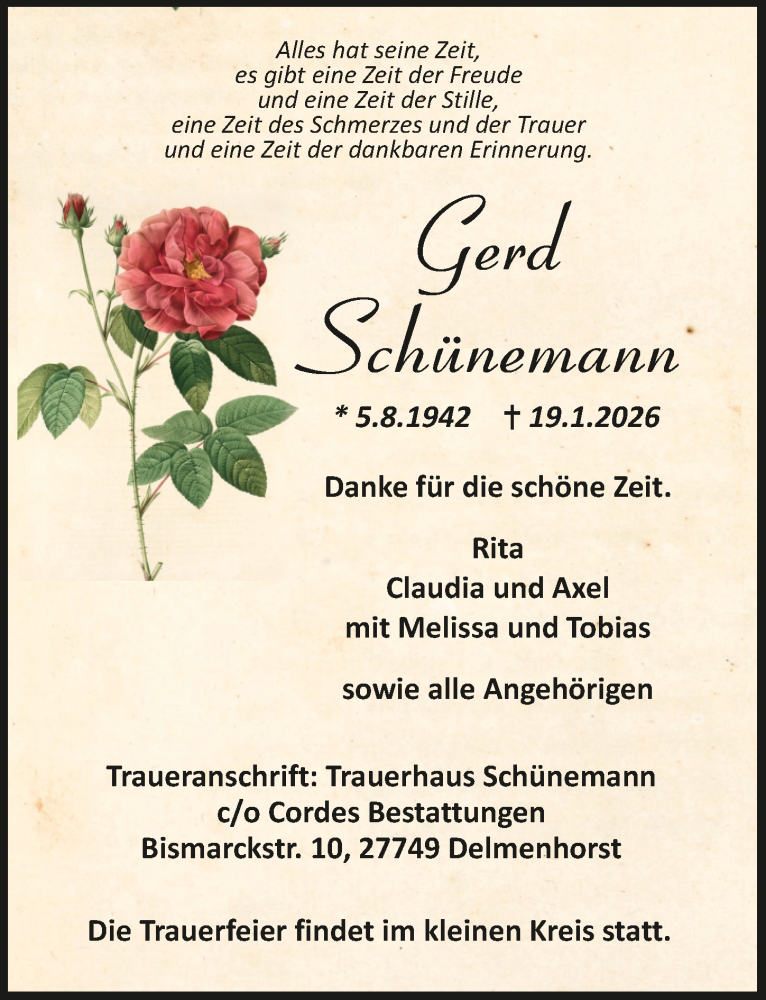  Traueranzeige für Gerd Schünemann vom 31.01.2026 aus Trauer.de