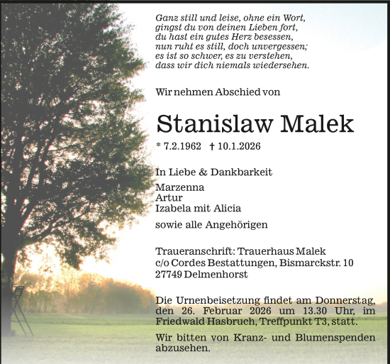 Todesanzeige von Stanislaw Malek von Trauer.de
