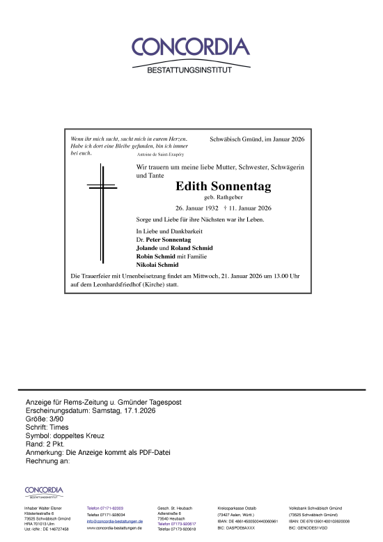 Todesanzeige von Edith Sonnentag von Trauer.de