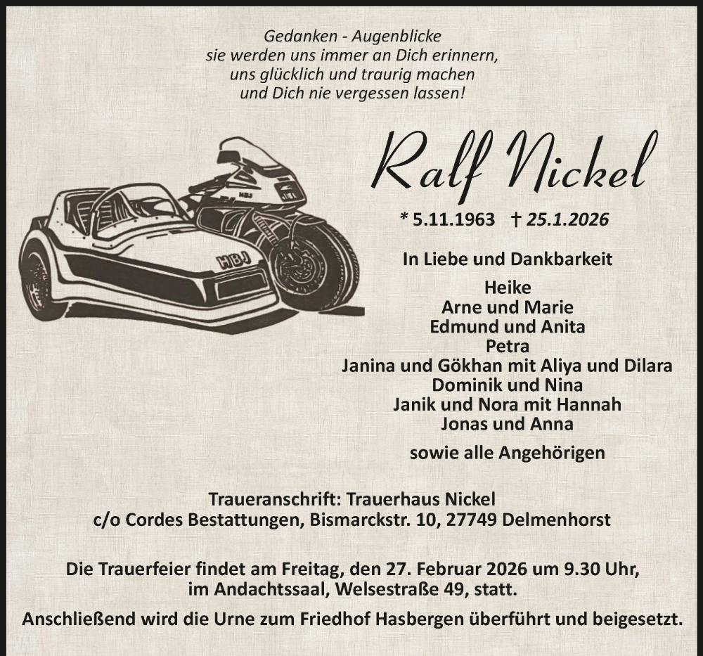  Traueranzeige für Ralf Nickel vom 31.01.2026 aus Trauer.de