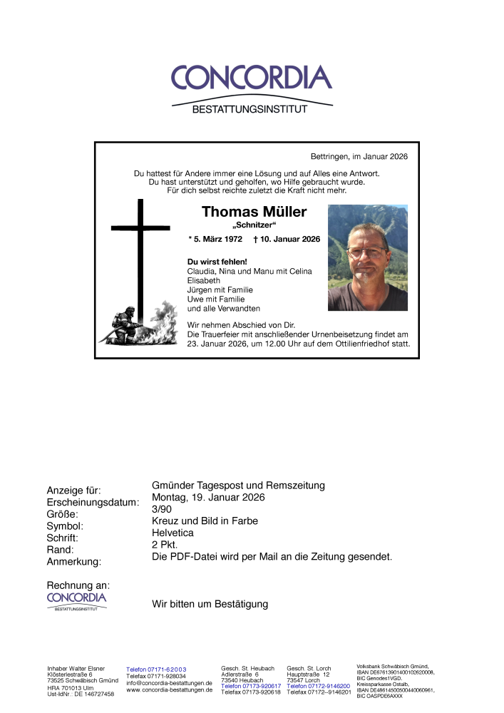  Traueranzeige für Thomas Müller vom 17.01.2026 aus Trauer.de