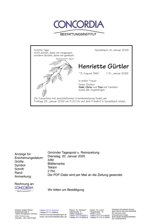 Todesanzeige von Henriette Gürtler von Trauer.de