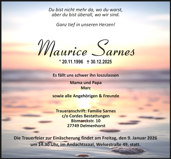 Todesanzeige von Maurice Sarnes von trauer.de