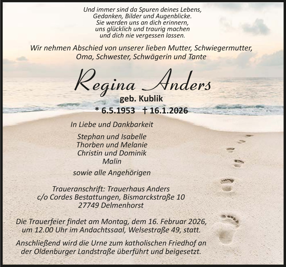  Traueranzeige für Regina Anders vom 24.01.2026 aus Trauer.de