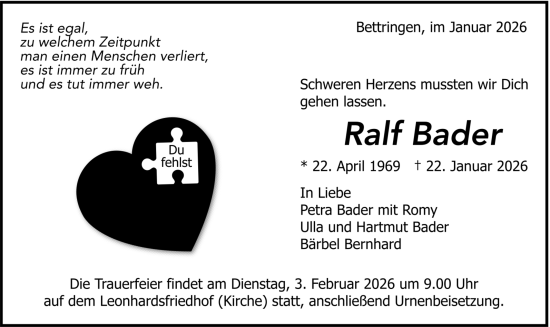 Todesanzeige von Ralf Bader von trauer.de