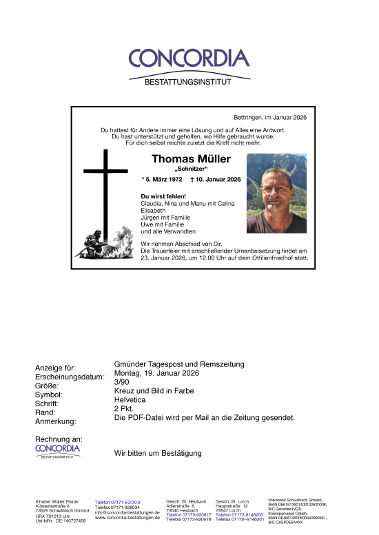 Todesanzeige von Thomas Müller von Trauer.de