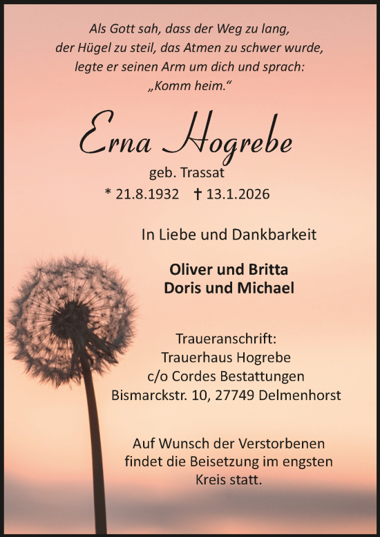 Todesanzeige von Erna Hogrebe von Trauer.de