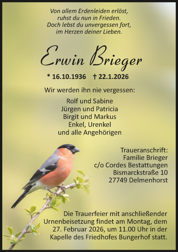  Traueranzeige für Erwin Brieger vom 31.01.2026 aus Trauer.de