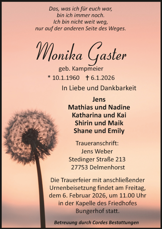 Todesanzeige von Monika Gaster von trauer.de