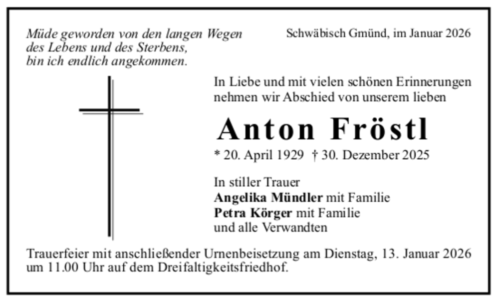  Traueranzeige für Anton Fröstl vom 10.01.2025 aus trauer.de