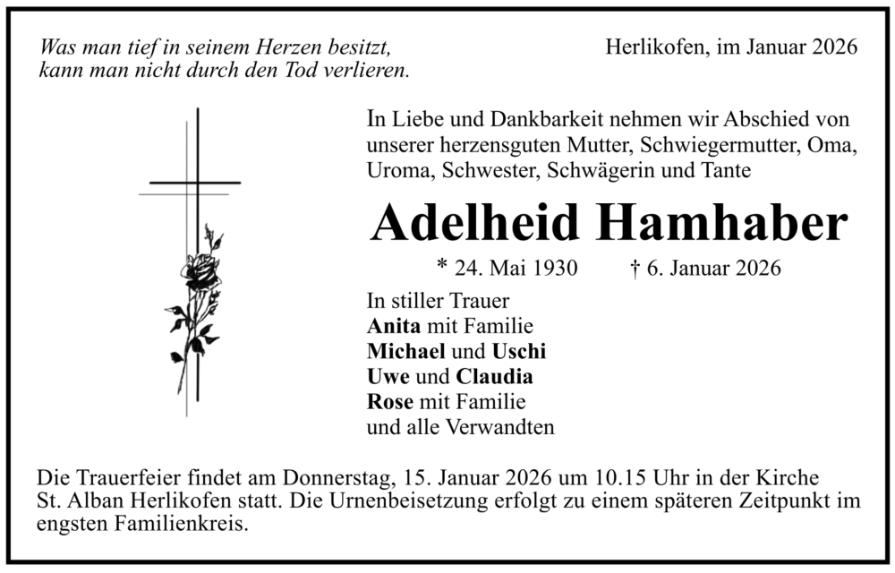  Traueranzeige für Adelheid Hamhaber vom 12.01.2026 aus trauer.de