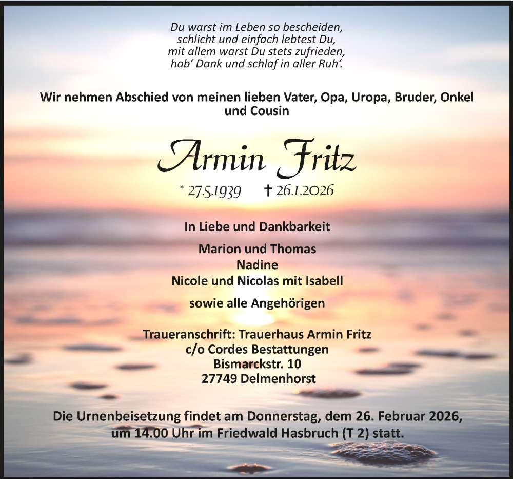  Traueranzeige für Armin Fritz vom 31.01.2026 aus Trauer.de