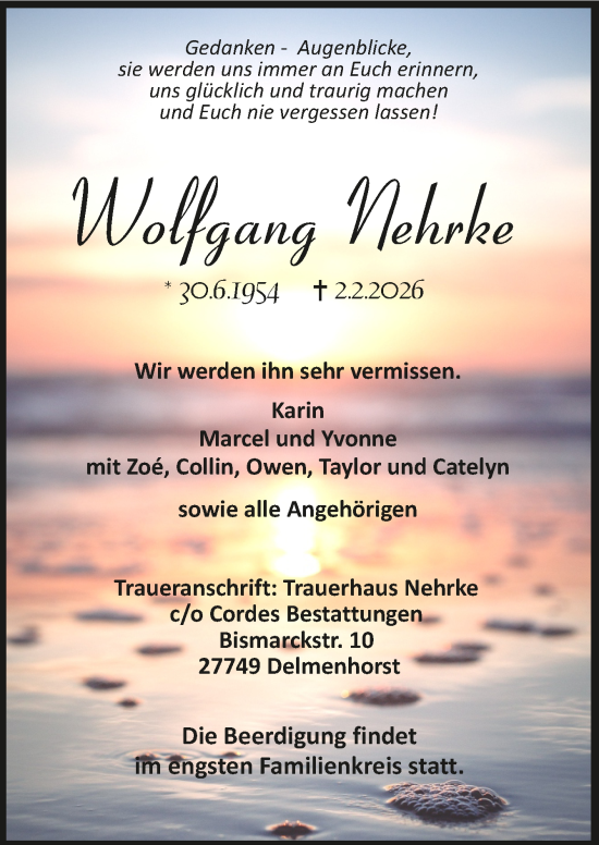 Todesanzeige von Wolfgang Nehrke von Trauer.de