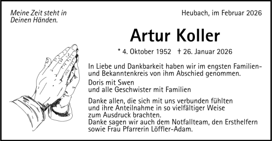 Todesanzeige von Artur Koller von Trauer.de