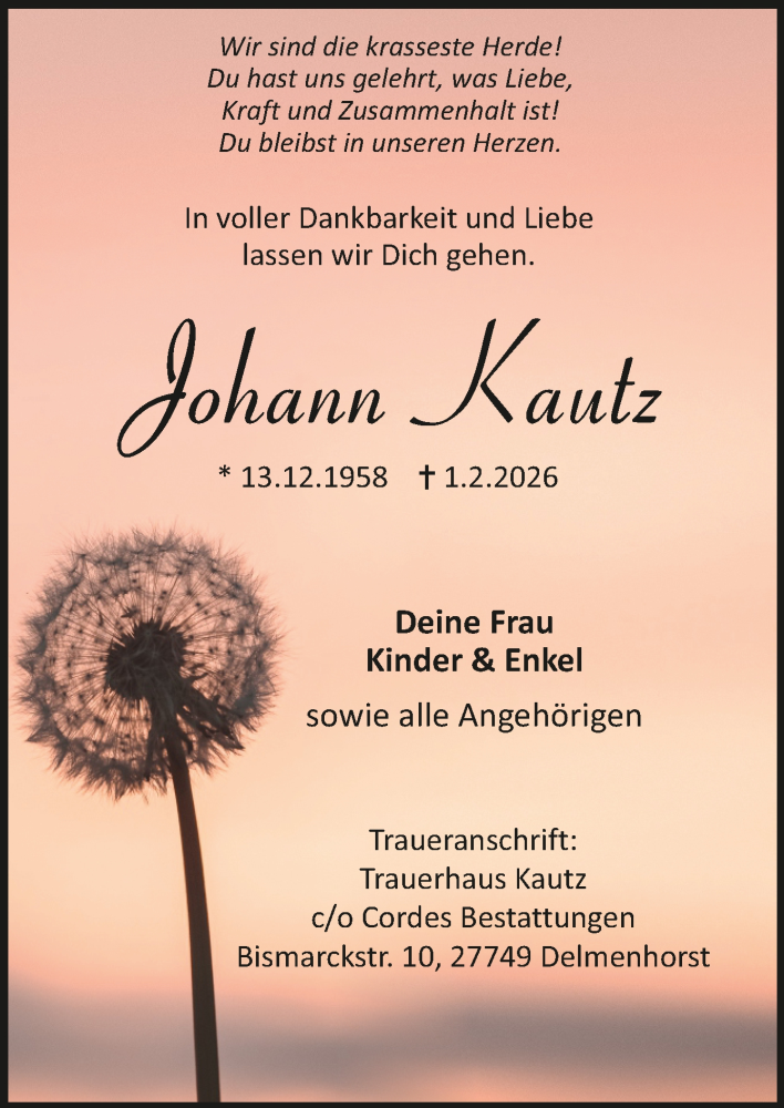  Traueranzeige für Johann Kautz vom 07.02.2026 aus Trauer.de