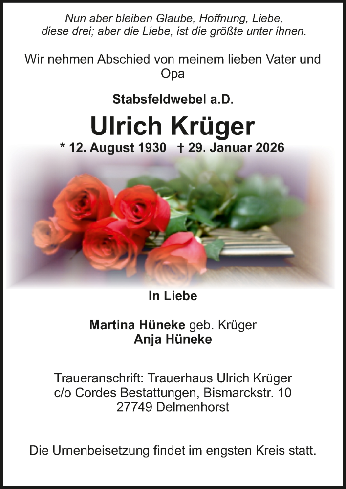  Traueranzeige für Ulrich Krüger vom 07.02.2026 aus Trauer.de