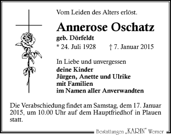 Todesanzeige von Annerose Oschatz von Oberes Vogtland