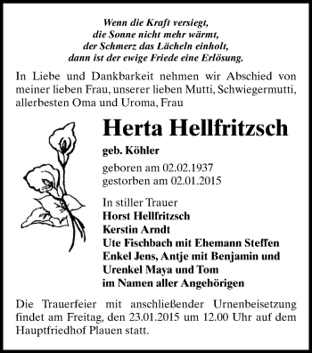 Todesanzeige von Herta Hellfritzsch von Plauen