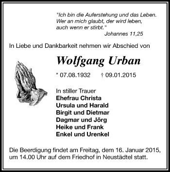 Todesanzeige von Wolfgang Urban von Aue