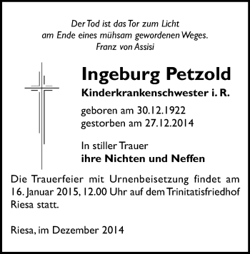 Todesanzeige von Ingeburg Petzold von Chemnitz