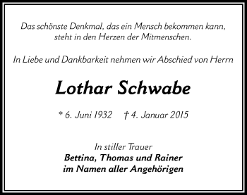 Todesanzeige von Lothar Schwabe von Zwickau