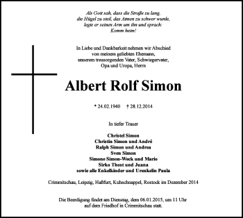 Todesanzeige von Albert Rolf Simon von Hohenstein-Ernstthal, Werdau
