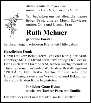 Todesanzeige von Ruth Mehner von Annaberg