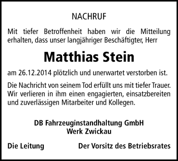 Todesanzeige von Matthias Stein von Zwickau