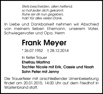 Todesanzeige von Frank Meyer von Chemnitz