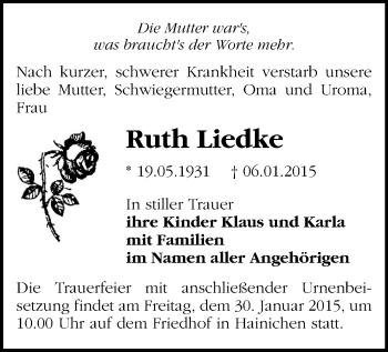 Todesanzeige von Ruth Liedke von Mittweida
