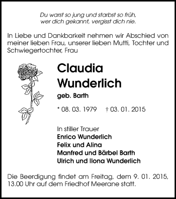 Todesanzeige von Claudia Wunderlich von Glauchau