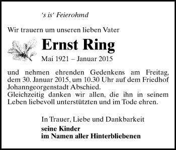 Todesanzeige von Ernst Ring von Schwarzenberg