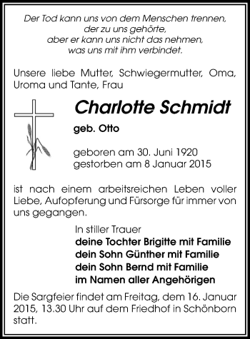 Todesanzeige von Charlotte Schmidt von Mittweida